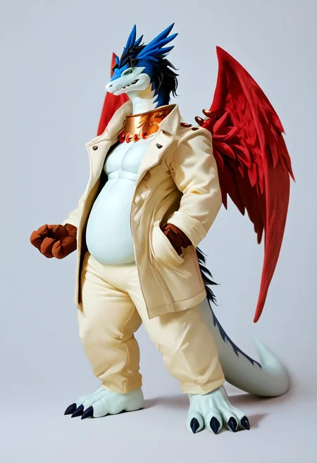 Expressiveh, score_9, score_8_up, score_7_up ,score_6_up, solo, 8k,mature male, anthro male, furry, furry, anthro, solo, shiron, dragon, best quality, 2k, digimon (creature), dragon, scalie, windragon, handwear, wings, black hair,  green eyes, red hue body, muscular, (slightly chubby:0.9), red wings, wearing trenchcoat, source_furry, dof, full-length artwork
