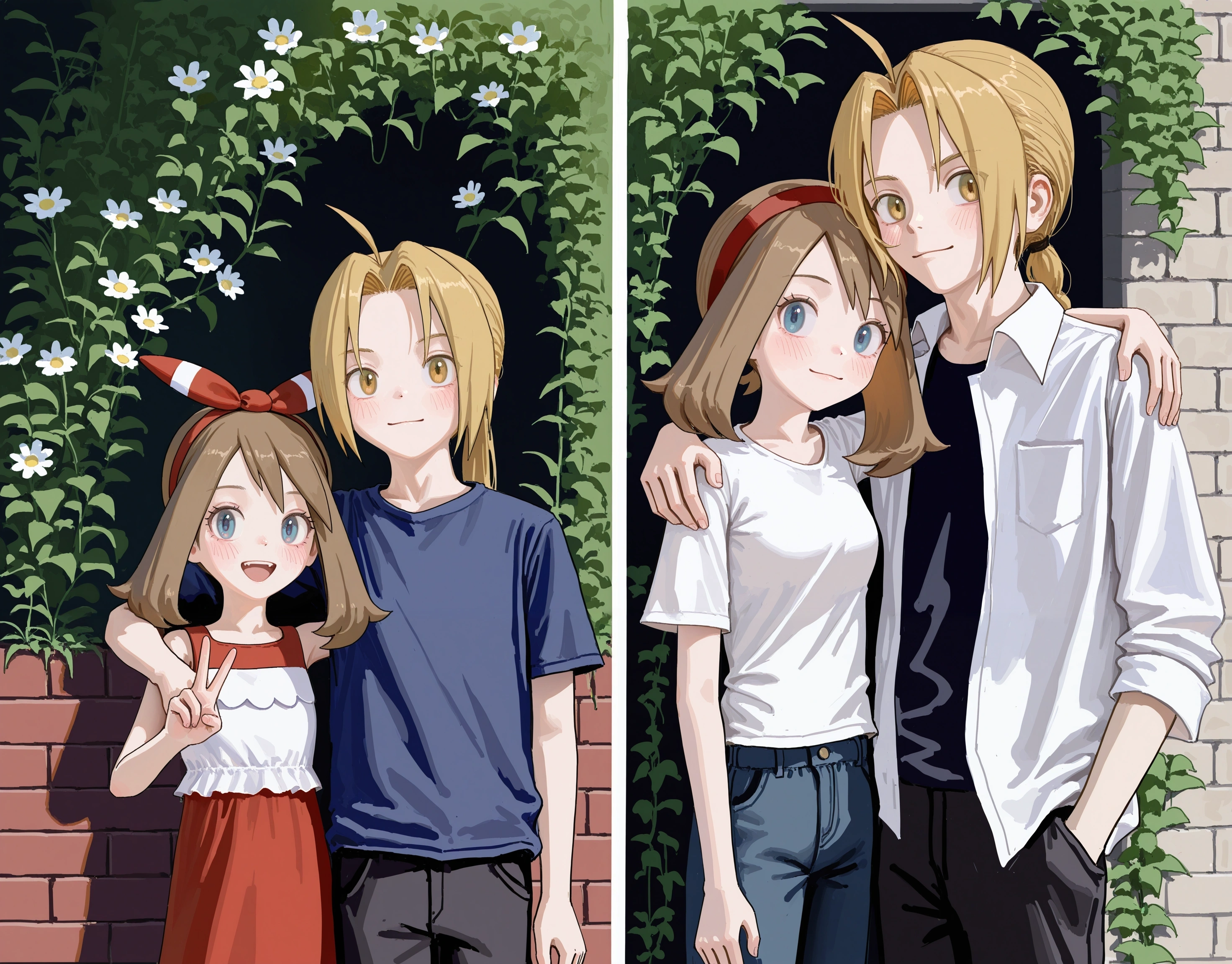 1girl, 1boy,
age progression, multiple views,
aged down, aged up, blue eyes, 
may \(pokemon\), 
edward elric, 
couple, hetero,
happy, v, arm around shoulder, 
brick wall, overgrown, white flower, 
(muji \(uimss\):1.1), reddizen, hiramedousa, xilmo, fjsmu, fkey,
masterpiece, very awa, best quality,  
<lora:concept_ageprog-rls:1>
