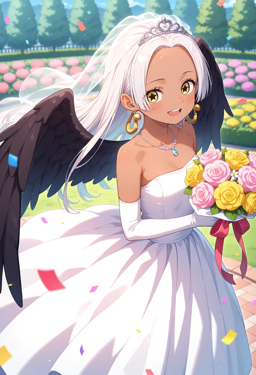 best quality, masterpiece, aass, long hair, white hair, dark-skinned female, earrings, yellow eyes, star-shaped pupils, black wings, <lora:s-snake_ilxl_v1:0.9>, wedding dress, white dress, tiara, bridal veil, necklace, strapless, elbow gloves, garden, outdoors, holding bouquet, smile, open mouth, confetti,