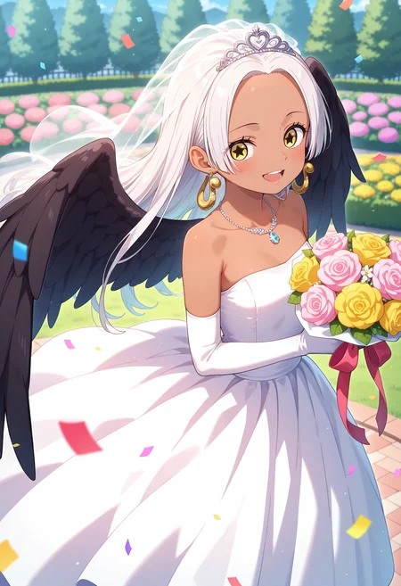 best quality, masterpiece, aass, long hair, white hair, dark-skinned female, earrings, yellow eyes, star-shaped pupils, black wings, <lora:s-snake_ilxl_v1:0.9>, wedding dress, white dress, tiara, bridal veil, necklace, strapless, elbow gloves, garden, outdoors, holding bouquet, smile, open mouth, confetti,