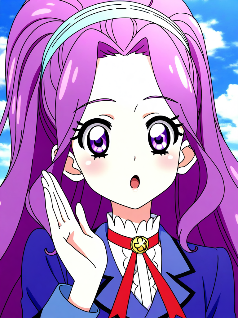 general,highres, ultra-detailed,very aesthetic,best quality ,best hands, BREAK <lora:Kanzaki_Mizuki_aikatsu!_IS:1>
kanzaki_mizuki(aikatsu!), 1girl, solo, purple hair, purple eyes, long hair, ponytail, high ponytail, hairband, very long hair,
starlight academy school uniform,
portrait, open mouth, looking at viewer, eyelashes, hair intakes, :o, sidelocks,
 upper body, 
sky, outdoor,