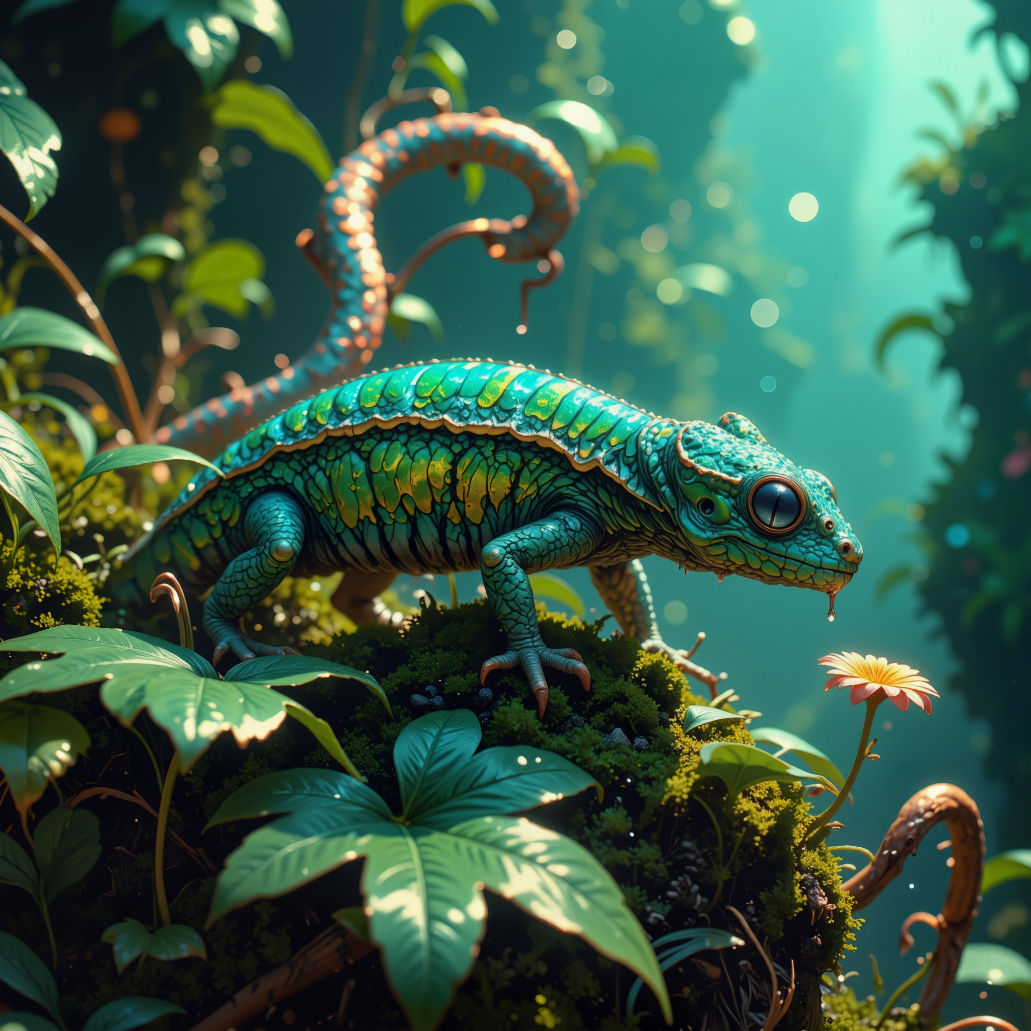 distinguished and otherworldly scenery on a distant planet, very aesthetic, extremely detailed, masterwork, golden ratio, award-winning macro photo, short depth of field, hyper realistic, ultra high definition, blue-green iridescence, subsurface scattering, the "scaled glumgnipfe" is a tiny scaly creature that inhabits the dense, spiraling winklethickets of the inexplicable world "munkturf iii." its vibrant, tri-colored scales have a surface of microscopic crystals that catch the planets teal-hued sunlight, creating a dazzling, prismatic display. the creatures are known for their habit of doodleflorping as they drink from the puffalorpled dripping  nectar globules of the ethereal winkleflowers. the biome itself is a lush, chaotic sprawl of coiling vegetation that twists and loops in gravity-defying spirals, perfect proportions, detailed expressive eyes, dappled lighting, in the style of ck-ovf, <lora:style-retro_anime-flux-by_lizardman245:0.16> <lora:style-oneviolentfantasy-ep21-flux-by_chronoknight:0.36> <lora:style-cheats-by_schmede:0.48>