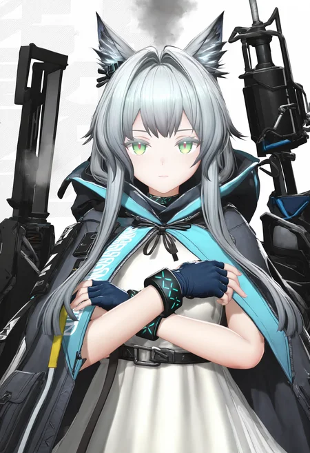 rosmontis \(arknights\),1girl,animal ear fluff,animal ears,black ribbon,blue gloves,bracelet,cat ears,cloak,closed mouth,crossed arms,dress,fingerless gloves,gloves,green eyes,grey hair,hair intakes,hood,hood down,hooded cloak,infection monitor \(arknights\),jewelry,long hair,looking at viewer,ribbon,sidelocks,smoke,solo,upper body,white dress,
endfieldstyle,3D,<lora:endfieldstyle-000014:1>,