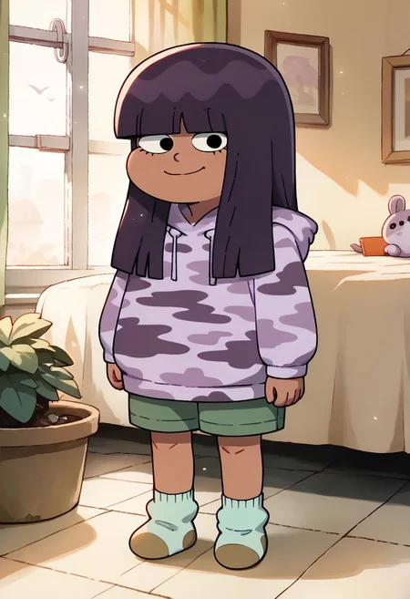 score_9, score_8_up, score_7_up BREAK LotLot, 1girl, shoulder-length dark purple hair, blunt bangs, black eyes, brown skin, light purple camo hoodie, green shorts, light green brown socks, full body, smiling at viewer,
