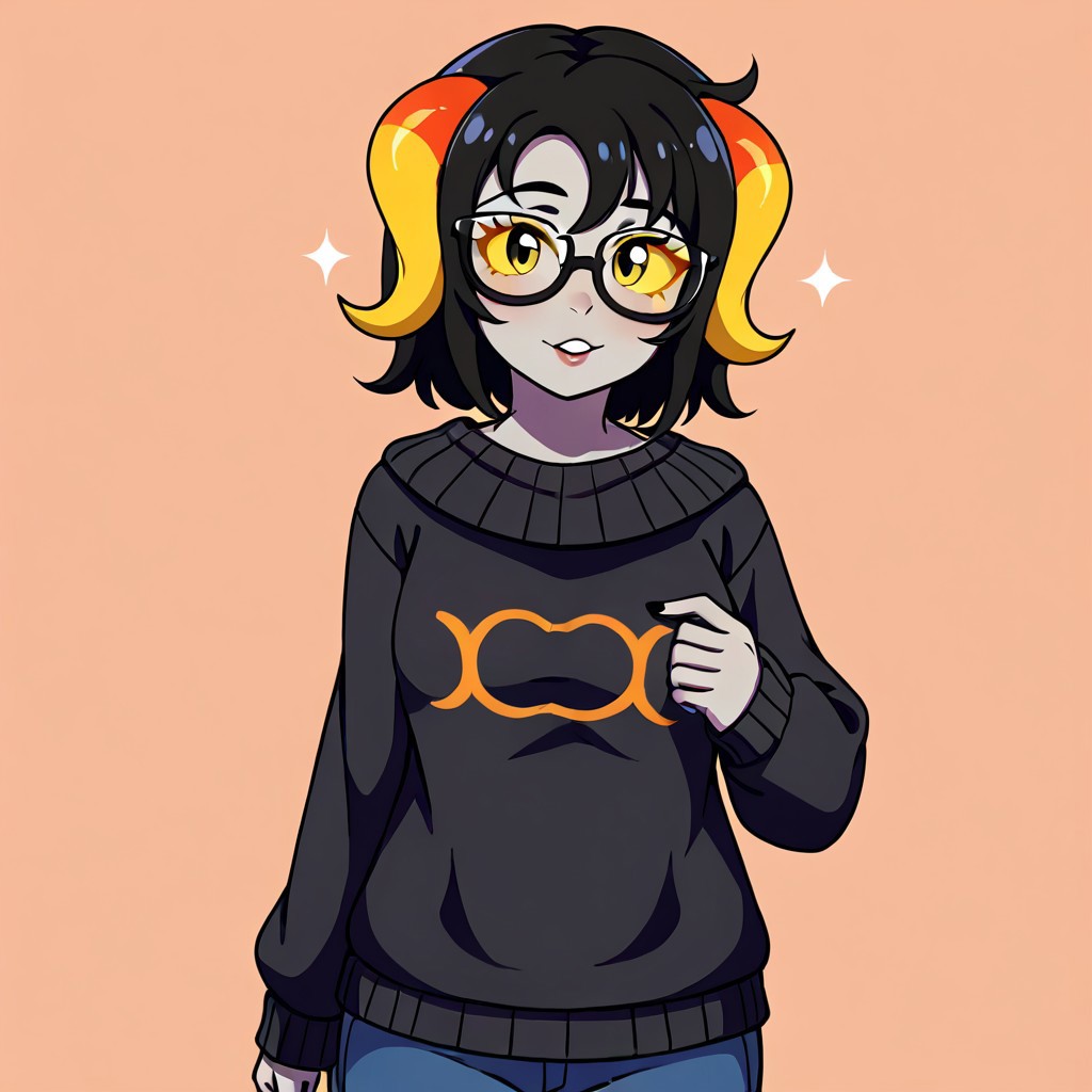 1girl, chixie, black hair, medium hair, yellow sclera, grey skin, horns, sweater, glasses, 
BREAK,