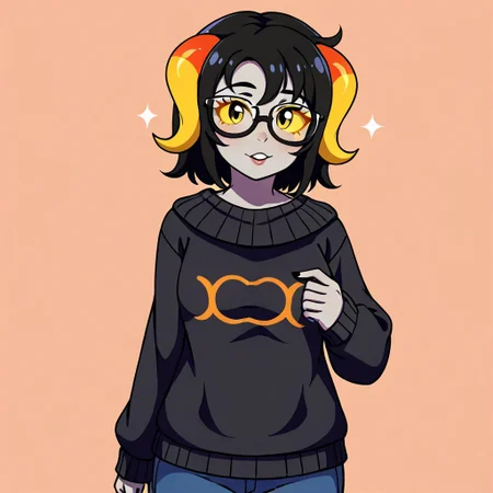 1girl, chixie, black hair, medium hair, yellow sclera, grey skin, horns, sweater, glasses, 
BREAK,