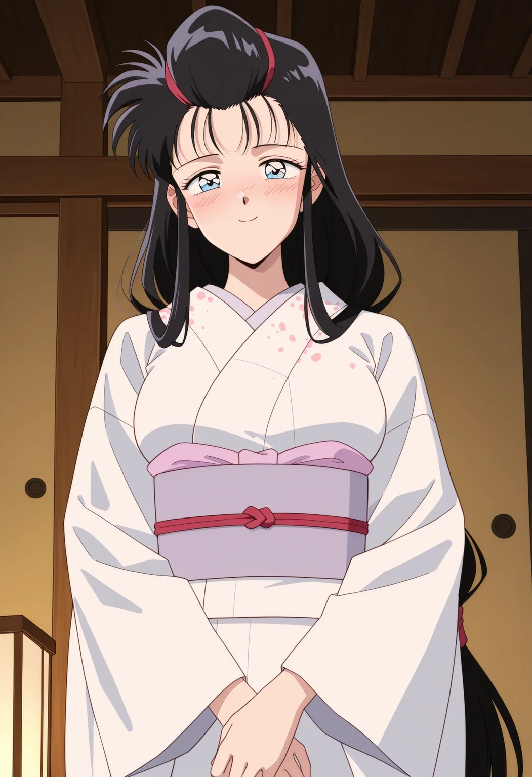 masterpiece, best quality, high resolution, source_anime, highly detailed illustration, detailed eyes,  
very aesthetic, absurdres, newest, amazing quality, 
1girl, solo, retro artstyle, 1990s \(style\), 
<lora:shiYaibaSnakeV1ill:1>,
shissyaib, long hair, black hair, blue eyes, low-tied long hair, 
japanese clothes, white kimono, sash, obi, long sleeves, wide sleeves,
large breasts, 
looking at viewer, blush, smile,