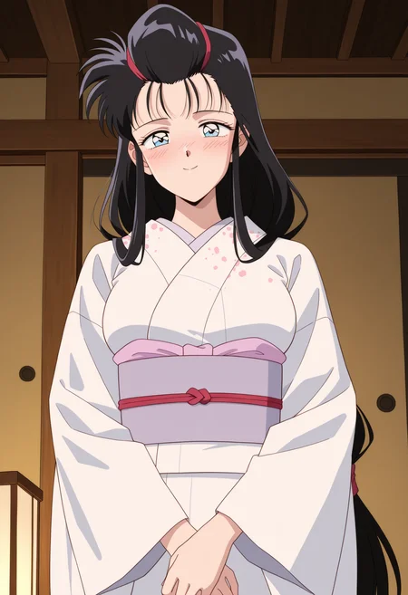 masterpiece, best quality, high resolution, source_anime, highly detailed illustration, detailed eyes,
very aesthetic, absurdres, newest, amazing quality,
1girl, solo, retro artstyle, 1990s \(style\),
<lora:shiYaibaSnakeV1ill:1>,
shissyaib, long hair, black hair, blue eyes, low-tied long hair,
japanese clothes, white kimono, sash, obi, long sleeves, wide sleeves,
large breasts,
looking at viewer, blush, smile,