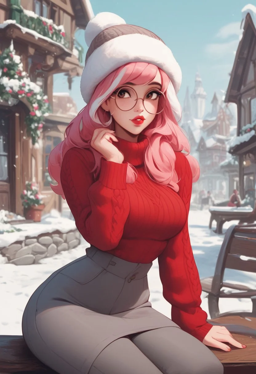 score_9, score_8_up, score_7_up, score_6_up, rating_questionable, score_8_up, score_9, highest quality, extremely detailed, 4k, 8k, amazing quality, masterpiece, 27 years old, pale skin, pink hair, white highlights, long hair, straight sleek hair, sexy face, brown eyes, slanted eyes, round glasses, full lips, lip gloss, red lipstick, glittering lips, small waist, hourglass figure, medium breasts, red sweater, cozy sweater, winter hat, gray pants, stockings, snow, winter town, fantasy restaurant, sitting. Highly detailed