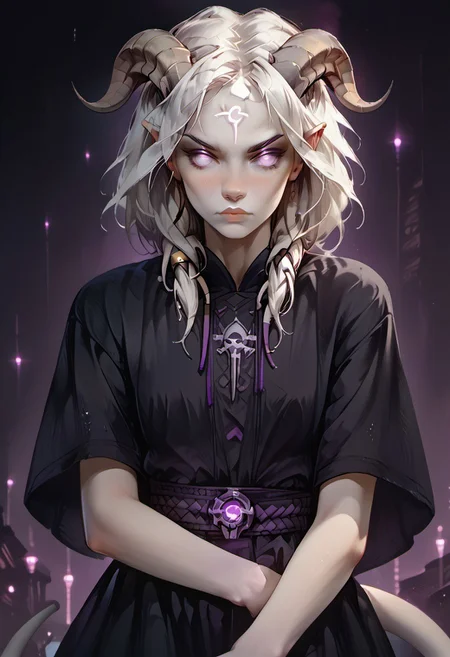 <lora:OZRN:0.9>, score_9, score_8_up, score_7_up, OZRN, digital art, 1girl, solo, small tits, culDraenei, purple eyes, no sclera, no pupils,, athletic, tall, slim, pale skin, grey skin, long tail, long ears, long hair, black dress, standing, [nose blush:0.8], pale skin, looking at viewer, dark background, (neon lights), (soft glow),<lora:ff:0.2>, gothic anime style,<lora:GothicAnimev1:0.4>