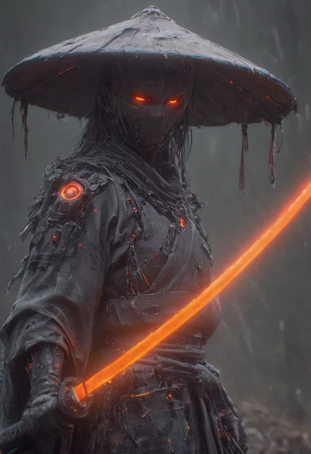Red and Grey color graded glamour portrait photo of an Cyborg Samurai, macro, a captivating vibrant dark neon capturing the essence of a cyborg Bedouin sorcerer in fight stance, defying expectations by conjuring a whimsical robot 'freak' from an oversized sedge hat. ethereal, smoky backdrop. throwing a translucent orange/tanslucent purple/black, weapon, katana, holding katana, atmospheric haze, Film grain, cinematic film still, shallow depth of field, highly detailed, high budget, cinemascope, moody, epic, OverallDetail, gorgeous, 2000s vintage RAW photo, photorealistic, candid camera, color graded cinematic, eye catchlights, atmospheric lighting, skin pores, imperfections, natural, shallow dof