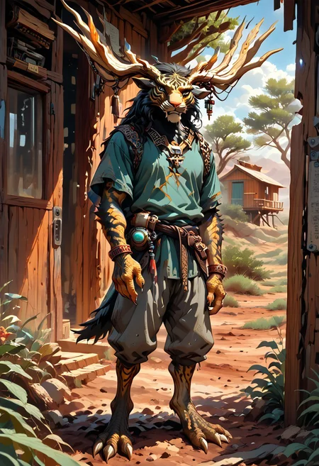 solo, Xerneas, sinozick style, alien humanoid, qinglong, dragon, tiger, peregrine falcon, amazigh tattoo, berber tattoo, moose, man, longxiang style, m0nst3r, tig, chinese dragon, long muzzle, big fangs, orange and black fur, green scales, jade patterened scales, scaly arms, male_tiger, emerald tree boa, anthro, furry male, standing, curious smile, holding binoculars, teal tank top, light gray shorts, jewelry, bracelets, rings, BREAK,
New Mexico desert, southwestern desert, desert, rock, weed, scattered trees, thunderstorm, day, sunlight through clouds, thunderclouds in background, BREAK,
cabin, adobe cabin, mud bricks, windows, wooden beams, lumber, mud walls, adobe, garden, door, open door, small electric lightbulb