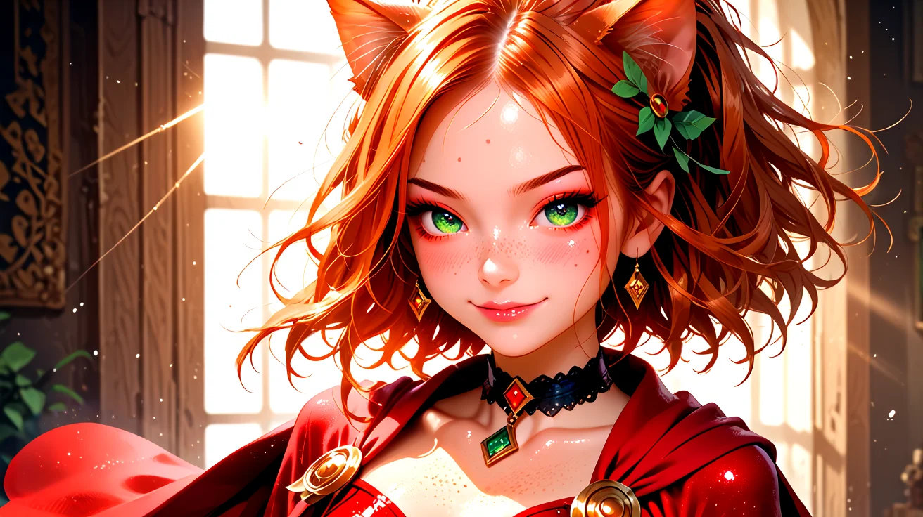 18 years old, 5 ft. tall (165 cm), and weighs 100 lbs. <lora:K1ttenPonyv2:0.6>, Kitten is a woman with long ginger hair, sparkling green eyes, freckles, and many body freckles. She also has ginger cat ears and tail. In her default Magician class, Kitten's outfit consists of a red leotard with a wrap-around garment at the waist that forms a cape, along with a hair ornament, choker, gloves, and boots. She has a closed mouth smirk,
1 girl, cute, (petite), sultry look, seductive, looking at viewer, <lora:DetailedEyes_V3:1>
(closeup:0.8),
<lora:MythP0rtr4itStyle:0.4> mythp0rt,
PonyScores7,
glistening shiny skin, sexy,
naughty, (cleft of Venus:0.7),
epic beautiful lighting, god rays, light beams, volumetric lighting, rim lighting,
masterpiece, beautiful and detailed brightness, (goosebumps:0.5), subsurface scattering, ultra realistic, textured skin, visible skin detail, skin fuzz, cute, <lora:FaeStyle:0.8>