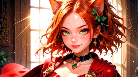 18 years old, 5 ft. tall (165 cm), and weighs 100 lbs. <lora:K1ttenPonyv2:0.6>, Kitten is a woman with long ginger hair, sparkling green eyes, freckles, and many body freckles. She also has ginger cat ears and tail. In her default Magician class, Kitten's outfit consists of a red leotard with a wrap-around garment at the waist that forms a cape, along with a hair ornament, choker, gloves, and boots. She has a closed mouth smirk,
1 girl, cute, (petite), sultry look, seductive, looking at viewer, <lora:DetailedEyes_V3:1>
(closeup:0.8),
<lora:MythP0rtr4itStyle:0.4> mythp0rt,
PonyScores7,
glistening shiny skin, sexy,
naughty, (cleft of Venus:0.7),
epic beautiful lighting, god rays, light beams, volumetric lighting, rim lighting,
masterpiece, beautiful and detailed brightness, (goosebumps:0.5), subsurface scattering, ultra realistic, textured skin, visible skin detail, skin fuzz, cute, <lora:FaeStyle:0.8>