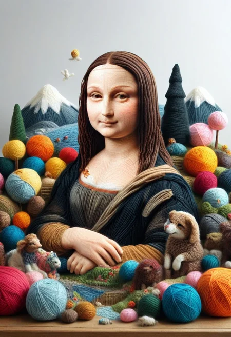 yrnwrld, made of yarn, high quality,masterpiece,absurdres,incredible composition,extremely detailed, Mona Lisa
