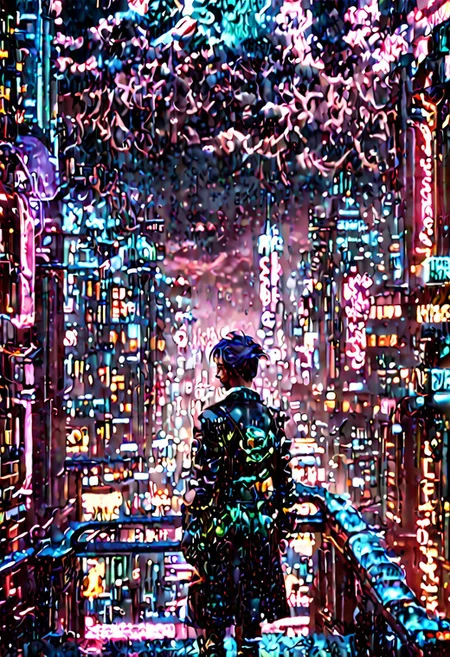 Looking out into the bustling steampunk skyline, looking into the night through the doorway of an apartment. The world beyond unfolds in surreal neon and pastel hues. From behind a average man, glowing streaks in his hair, casually rests against the rail of the balcony, looking out, his figure framed against the luminous expanse stories below. His loose robe caught the faint breeze, reflecting the gentle light of small, flowering, glowing vines that curled up the railing like threads of liquid emerald.
Below, the park sprawled in a dreamlike haze. Small trees with pale lavender trunks pulsed faintly, their cyan and mint-green leaves shifting like ripples on water. The ground shimmered with soft seafoam light, broken by clusters flowers that radiated delicate halos. The river, a fluid ribbon of silver and neon blue, meandered through the scene, its glow mirrored in the nearby woods.
Beyond the park, the city towers stood like bioluminescent sentinels, their facades adorned with small, cascading pink and teal vines, emanating soft light. The air itself seemed alive, shimmering with drifting pastel motes and flashes of neon as jellyfish and sea creatures seem to swim through the night sky, adding an ethereal rhythm to the vibrant tableau.
, cityscape, neon, moon, science_fiction, outdoors