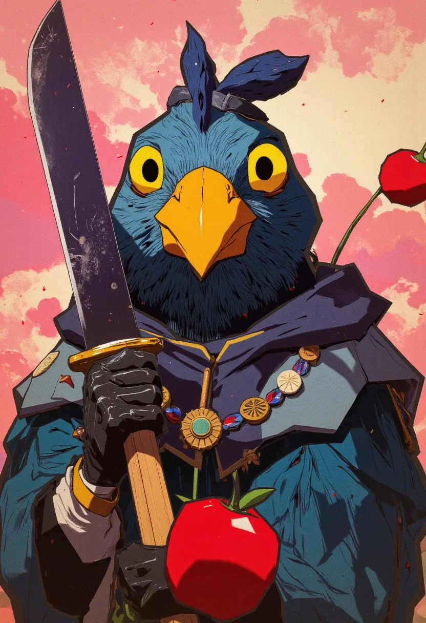 masterpiece, best quality, create a detailed oil painting in a dark fantasy style featuring a pigeon with oversized, bulging yellow eyes, staring intently at the viewer while holding a comically large knife. Incorporate noticeable pencil strokes to add texture to the artwork. The background should be a pink cloud, sunset, providing a contrasting backdrop to the whimsical yet intriguing scene. The artwork should be inspired by the Renaissance, showcasing realism and the qualities of portrait photography. Focus on creating a captivating and imaginative portrayal of this unique character, Cinematic, beautiful, vibrant, masterpiece, 32k, ultra HD, ultra-detailed, amazing quality, amazing artist, sharp edges, detailed textures, full view, atmospheric lighting, amazing visuals