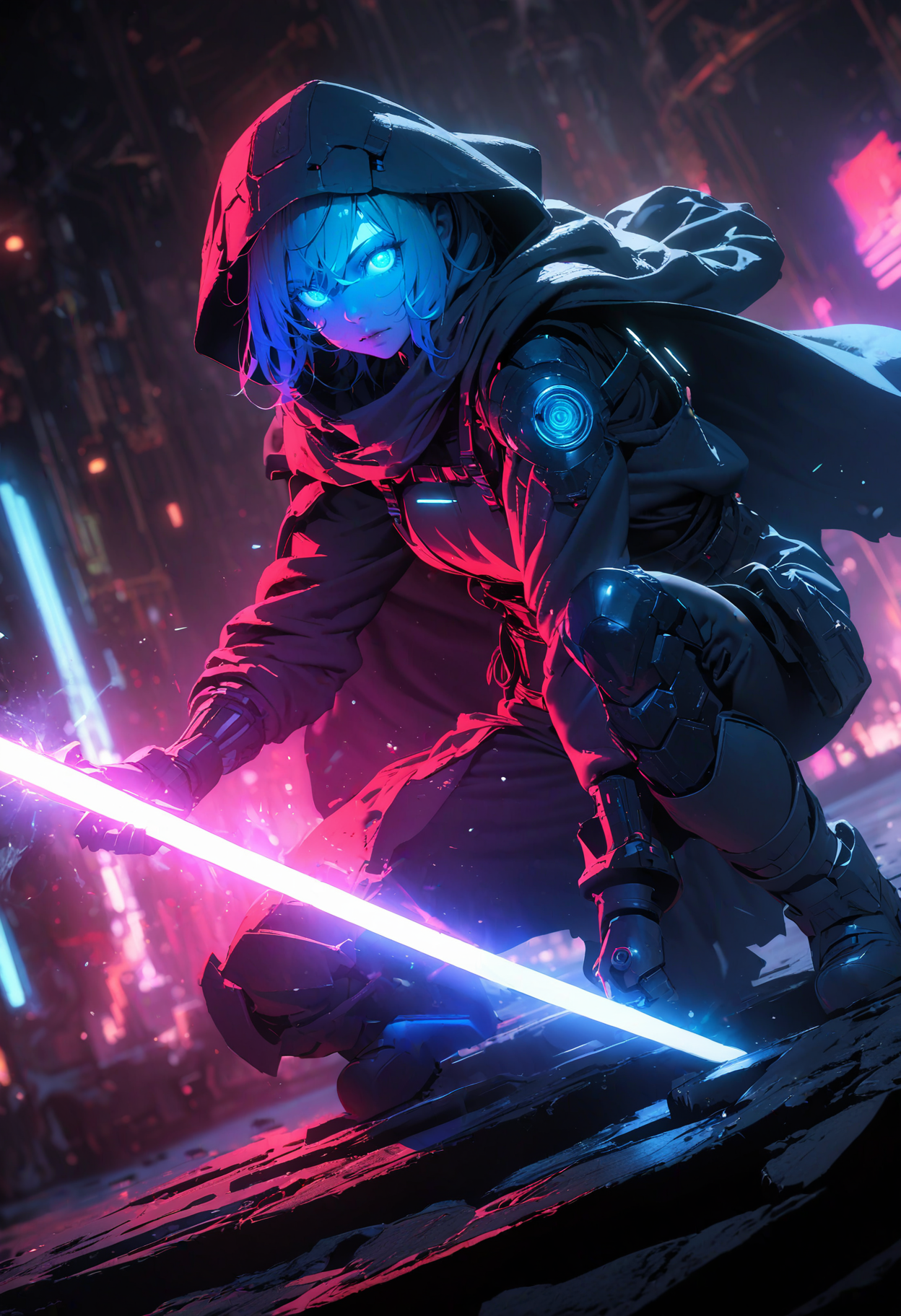 (masterpiece), best quality, (4K), (cinematic blue lighting), Colorful, vibrant, spot color, highly detailed, sharp, high resolution, 4K, UHD, 8K, masterpiece, ultra_high_resolution, OverallDetailXL, sci-fi, medieval neon lights, gloe, dramatic contrast, extraordinary, hyperrealistic, cinematic lighting, complex, immersive, intricate, 1girl, solo, jedi outfit, led, hooded cloak, holding blade, lightsaber, dynamic angle, stance, ultra highres, absurdres, deep glow effect, hdr, light particles, cinematic lighting, depth of field