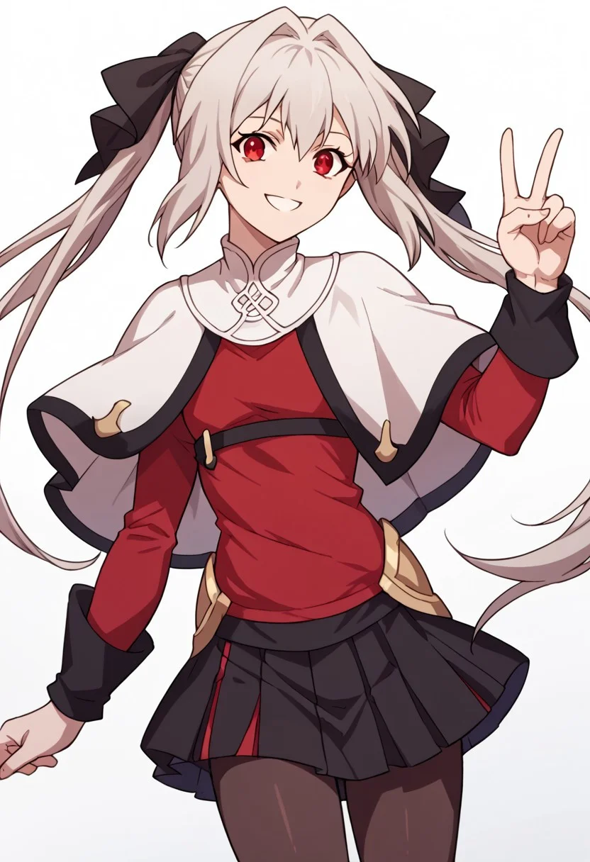 score_9, score_8_up, score_7_up, source_anime, <lora:lynneburg-clays-s1-ponyxl-lora-nochekaiser:1>, lynneburg clays, 
long hair, red eyes, twintails, grey hair, hair intakes, hair ribbon, pantyhose, capelet, white capelet, dress, red dress, long sleeves, skirt, black skirt, pleated skirt, 
white background,
laughter, smile, looking at viewer, v, smile, solo, cowboy shot, dutch angle