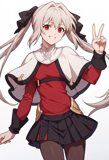 score_9, score_8_up, score_7_up, source_anime, <lora:lynneburg-clays-s1-ponyxl-lora-nochekaiser:1>, lynneburg clays,
long hair, red eyes, twintails, grey hair, hair intakes, hair ribbon, pantyhose, capelet, white capelet, dress, red dress, long sleeves, skirt, black skirt, pleated skirt,
white background,
laughter, smile, looking at viewer, v, smile, solo, cowboy shot, dutch angle
