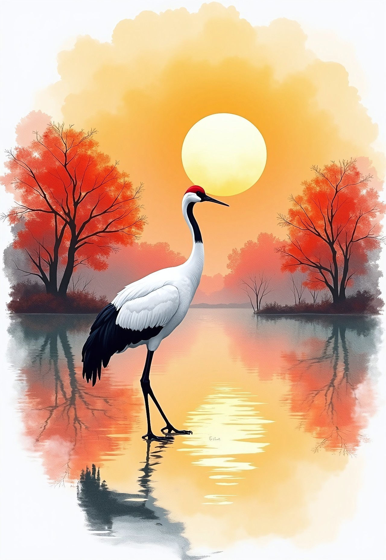 A Tancho crane stands before a calm lake at a vibrant sunset, surrounded by autumn trees with red leaves. The sky is painted in warm orange tones on a white background, highlighting the setting sun.  The sun is large, taking up about one-third of the image. The Tancho crane has white feathers with black wingtips and a distinctive red patch on its head. The painting is done in a watercolor style, conveying a calm, peaceful atmosphere.