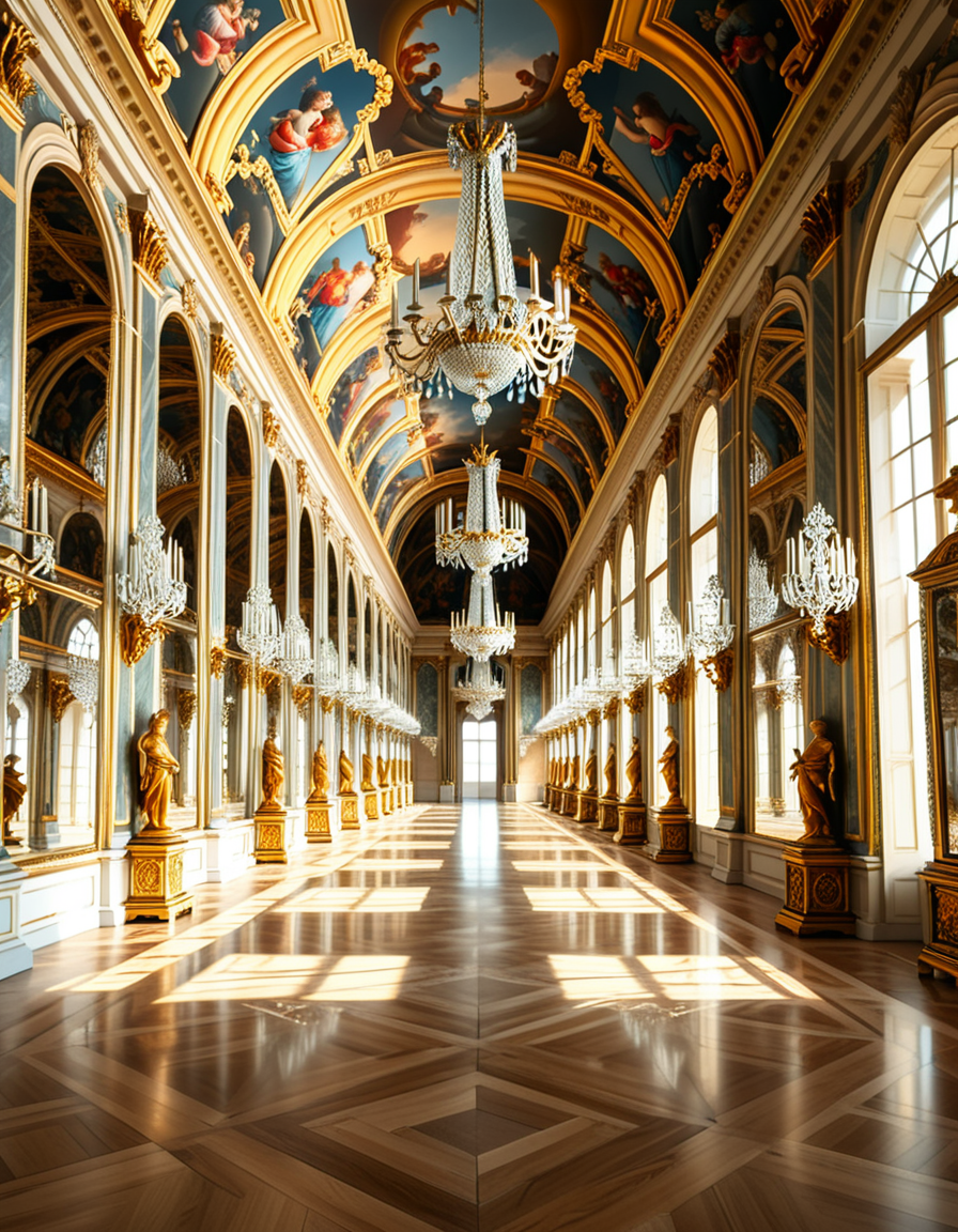 A breathtaking, photorealistic depiction of the Hall of Mirrors (Galerie des Glaces) at the Palace of Versailles in France, captured in golden afternoon light. The hall is grand and opulent, with a high arched ceiling painted with intricate Baroque frescoes. The walls are lined with tall arched mirrors on one side and large arched windows on the opposite side, flooding the space with natural light. Elegant crystal chandeliers hang from the ceiling, reflecting in the mirrors and sparkling with golden highlights. The marble floors are polished and gleaming, with rich, warm tones. Gilded statues and decorative elements frame the mirrors and doorways. The image style is ultra-detailed and photorealistic, with sharp textures and soft, warm lighting creating a majestic, timeless atmosphere. No people present, only the serene magnificence of the empty hall. Camera angle at eye level, centered down the hall, capturing the full length and symmetry of the space.
<lora:SDXLFaeTastic2400:0.4> <lora:extremely_detailed:0.4> extremely detailed,<lora:Hall_of_M1rr0rs:1>,Hall of M1rr0rs, Masterpiece,best quality,hi res,8k,hi res,8k,award winning,(sharp focus, intricate, highly detailed),