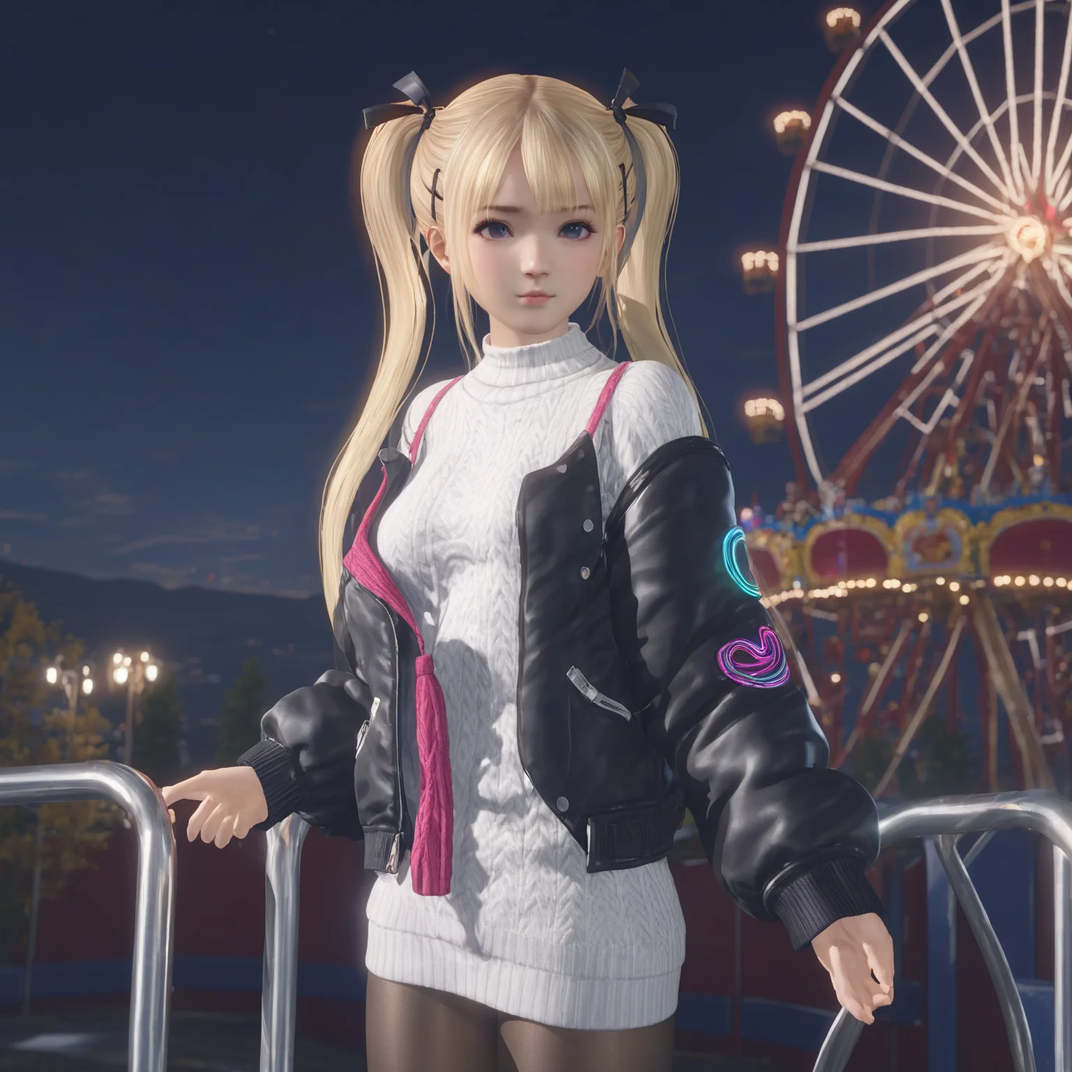 masterpiece, best quality, 1girl, shirt,  blonde hair, twintails,sweater, pantyhose, jacket,  dof, cinematic lighting, wind lift, amusement park, at night, , looking at viewer,  <lora:marie_rose1-000008:0.7>