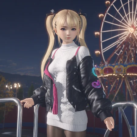 masterpiece, best quality, 1girl, shirt,  blonde hair, twintails,sweater, pantyhose, jacket,  dof, cinematic lighting, wind lift, amusement park, at night, , looking at viewer,  <lora:marie_rose1-000008:0.7>