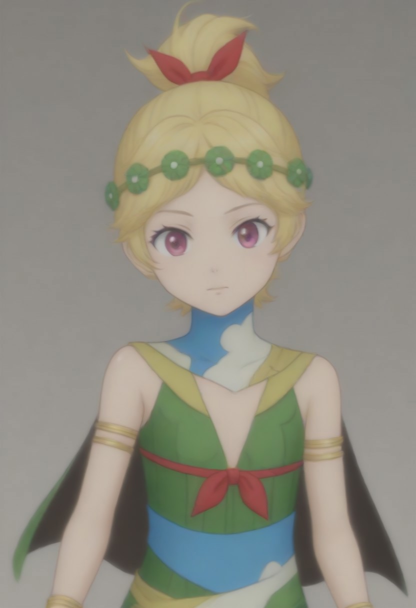 source_anime, anime screencap, source_anime, auratheguillotine, anime screencap, masterpiece, source_anime, shiny skin,,,,,, <lora:zs_DemeterXL:1> demetersmt, blonde hair, ponytail, head wreath, purple eyes, green dress, cleavage, cape, armlet, bracelet,