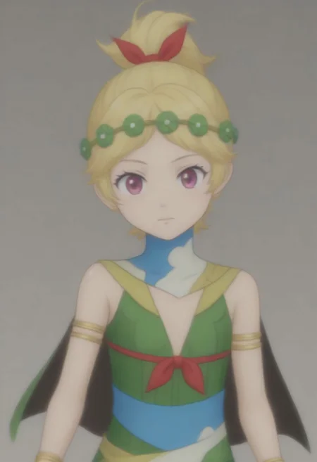 source_anime, anime screencap, source_anime, auratheguillotine, anime screencap, masterpiece, source_anime, shiny skin,,,,,, <lora:zs_DemeterXL:1> demetersmt, blonde hair, ponytail, head wreath, purple eyes, green dress, cleavage, cape, armlet, bracelet,