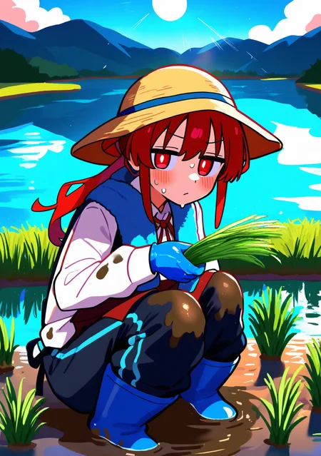 masterpiece, best quality, absurdres, perfect lighting,shiny skin,<lora:spo_sdxl_10ep_4k-data_lora_webui:0.7>,1girl,hiroe,red hair,ponytail,bangs,red eyes,tareme,<lora:hiroe_illu:0.8>, long sleeves,rubber gloves, rubber boots, apron, long pants,straw hat, towel around neck,squatting,looking at viewer,bent over,holding,tired,sweat,blush,heavy breathing,rice paddy,grass,water,partially submerged,day, reflection, nature, blue sky, sun glare, mountain,cloudy sky,depth of field,glowing sunset, serene atmosphere, soft and warm lighting, natural setting, vibrant and whimsical,rice planting,<lora:rice planting:0.9>,mud,dirty face, dirty clothes,