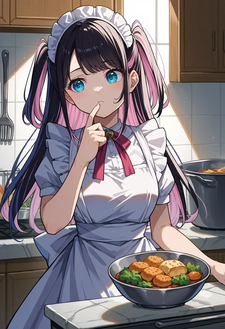 score_9, score_8_up, source_anime, 1girl, solo, NazunaKaga, blue eyes, multicolored hair, black hair, pink hair, long hair, two side up, cowboy shot, maid, maid headdress, kitchen, cooking, food, thinking, looking away, hand on chin, <lora:ChamNazunaKagaPonyXL:1>