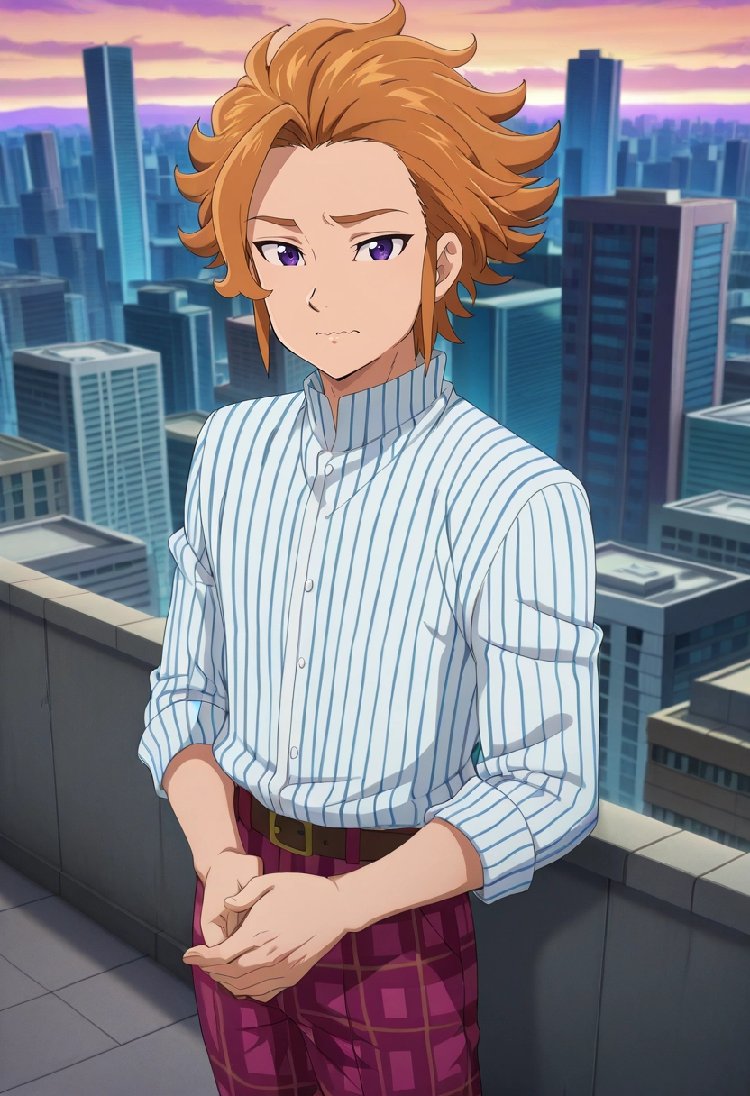 masterpiece, best quality, , anime screencap, anime coloring, official style, looking at viewer, 1boy, solo, male focus, <lora:arthur_pendragon_ilxl:1>, arthur_pendragon, orange hair, purple eyes, short hair, wide angle, wide shot, cowboy shot, rooftop, tokyo \(city\), building, skyscraper, dusk, own hands together, wavy mouth, closed mouth, Plaid trousers, Pinstripe shirt, , ,