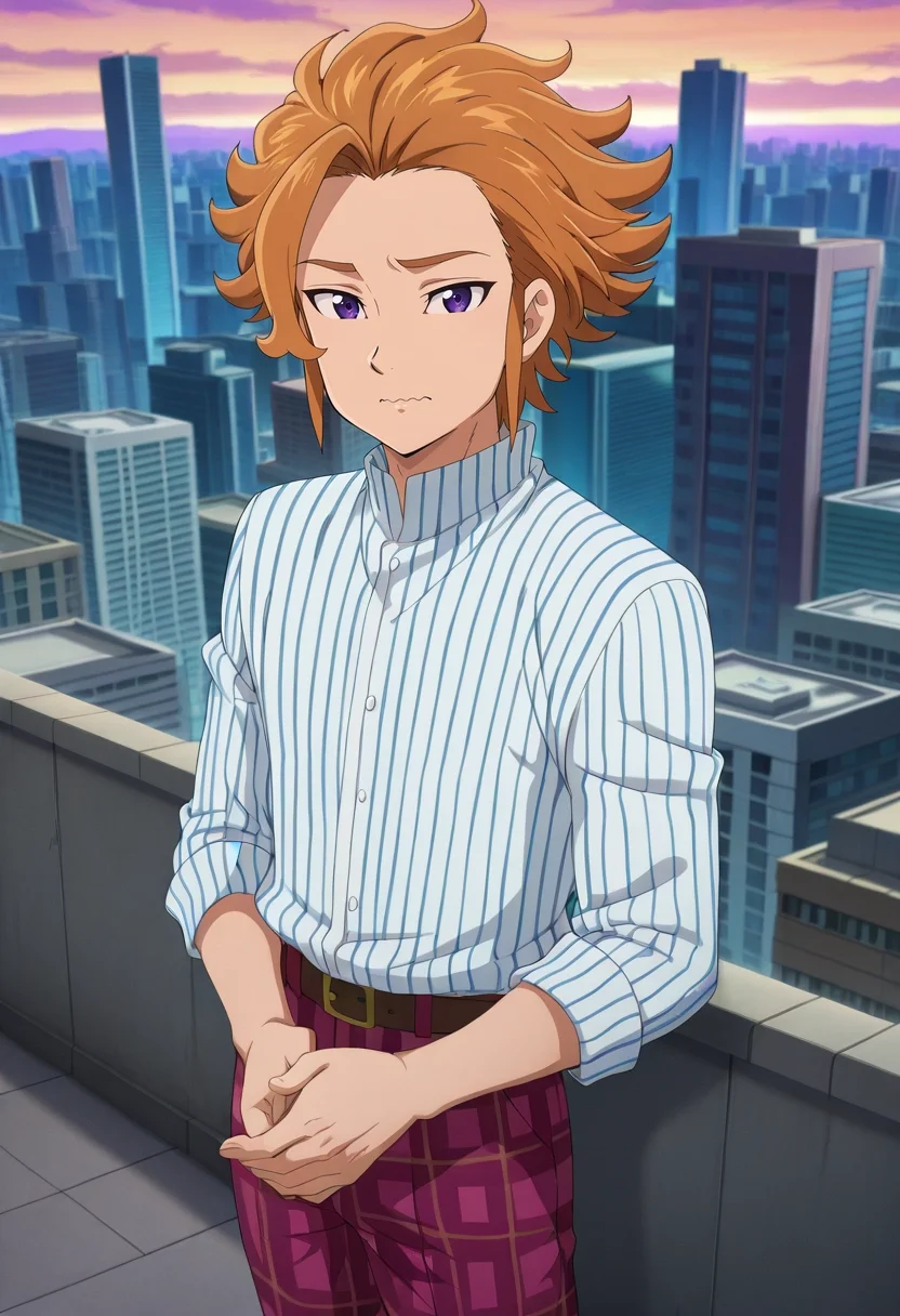 masterpiece, best quality, , anime screencap, anime coloring, official style, looking at viewer, 1boy, solo, male focus, <lora:arthur_pendragon_ilxl:1>, arthur_pendragon, orange hair, purple eyes, short hair, wide angle, wide shot, cowboy shot, rooftop, tokyo \(city\), building, skyscraper, dusk, own hands together, wavy mouth, closed mouth, Plaid trousers, Pinstripe shirt, , ,