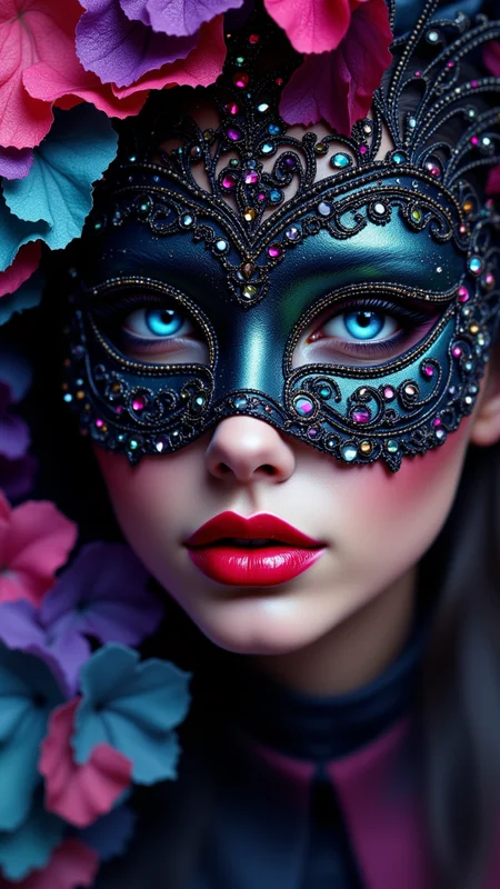 in the style of jedffd, dreamlike fantasy painting, colorful brushstroke textures, surreal chaos, glitchcore accents, fractal flows, vibrant abstract fantasy, A woman , masquerade_mask, close-up, mysterious_smile, dramatic_lighting, eye_focus, dynamic angle, dynamic posing , heterochromia, <lora:Dreamfract-000007:1>