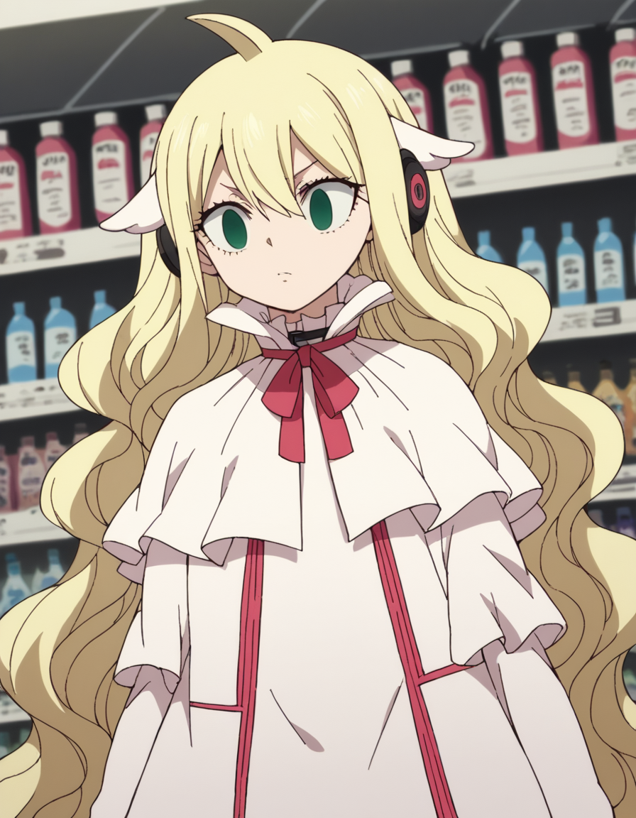 score_9, score_8_up, score_7_up, source_anime, <lora:mavis-vermillion-anime-ponyxl-lora-nochekaiser:1>, mavis, long hair, blonde hair, green eyes, ahoge, wavy hair, animal ears,, dress, white dress, collar, ribbon, red ribbon, capelet, long sleeves,, music store, browsing records, headphones, vinyl collection, nostalgic, , , hand making a fist, solo,, cowboy shot, dutch angle