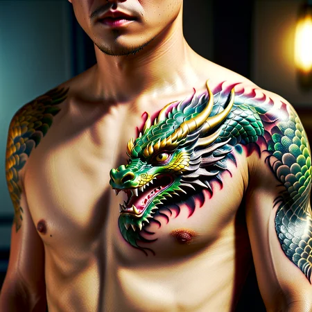 man, dragon tattoo, chest tattoo, close up, golden lighting, nsfw, rating_explicit, simple lighting, sdxl_fixl-art, masterpiece, best quality, detailed face, 4k, absurdres, <lora:sdxl_TattooZ_15_todel:1.0>
