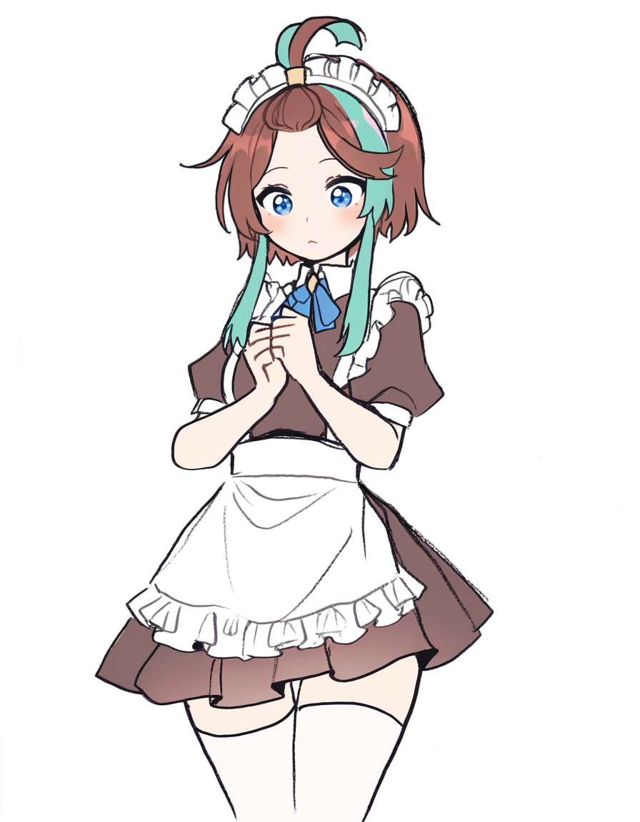 5rwpvc,white background,simple background,maid,maid headdress,maid apron,frills,thigh gap,
<lora:andi_noob:0.8>,andi,1girl,solo,multicolored hair,streaked hair,aqua hair,two-tone hair,sidelocks,brown hair,short hair,blue eyes,topknot,
masterpiece,best quality,very aesthetic,absurdres,