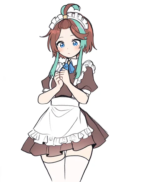 5rwpvc,white background,simple background,maid,maid headdress,maid apron,frills,thigh gap,
<lora:andi_noob:0.8>,andi,1girl,solo,multicolored hair,streaked hair,aqua hair,two-tone hair,sidelocks,brown hair,short hair,blue eyes,topknot,
masterpiece,best quality,very aesthetic,absurdres,
