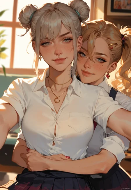 safe_pos, Score_9, score_8_up, score_7_up, score_6_up, score_5_up, score_4_up, beautiful, petite body, cute hair accessories, slick hair, long_hair, brown and silver hair, mixed dyed hair, school uniform, dust effects with cinematic lighting, hyper-realistic, hyperdetailed intricately detailed, flamboyant masterpiece, depth of field, blurry effect, Light noise effect like old movies, sunset light, freckles, 18y old, cute face, young woman, standing, breasts, pleated skirt, cute skirt, kawaii, bangs, hair clip, hair between eyes, 2girls, sitting, straddling, twintails, double bun, hugging from behind, ponytail, different hair styles and colors, hug, arms around waist, nail polish, one expression smirk, selfie view, pov selfie 2girls, Necklace, earrings