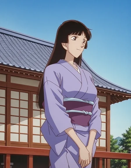 1girl,solo,masterpiece,best quality,anime screenshot,<lora:nagato_yasue_conan_v1_IL:1>,nagato yasue,(meitantei conan:0.1),flat color,
brown hair,black hair, long hair,hime cut,mature female,kimono,
cowboy shot,(smile:1.2),looking afar,v arms,east asian architecture,walking,outdoors, blue sky, <lora:dmd2_sdxl_4step:1>,