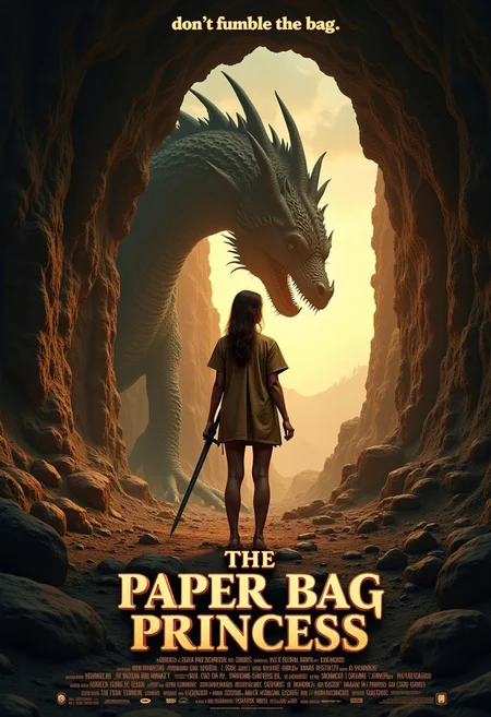 Movie poster for 'The Paper Bag Princess', a live_action film adaptation of the classic childrenâs book'. A cute gorgeous and fierce looking 18 year old woman wearing an ill-fitting brown paper bag with holes torn in it for her arms and head and holding a sword stands with a heroic stance at the mouth of a rocky cave. Her classic elegant beauty is juxtaposed by her unkempt and dirty visage as well as the ratty and ill_fitting paper bag her arms and legs are bare and slender. The cave is dimly lit behind her but the sun is brightly reflecting off of the outside of the cave, she herself is darkened by the shadow of a huge massive dragon that stands looming behind her, the dragonâs tail can be seen curled at her feet.
The title which is displayed reads: (('The Paper Bag Princess')) is displayed in a classic clear and legible font with brown_paper textures. The tagline is displayed at the top of the poster in a smaller text than the title, it reads: âdonât fumble the bagâ
The color palette combines the dark, dramatic tones of a modern action fantasy movie with vibrant earthy hues. Hyper-realistic rendering of the Princess and the shadow of the dragon, cinematic lighting emphasizing shadows and light, mvpstrCE style