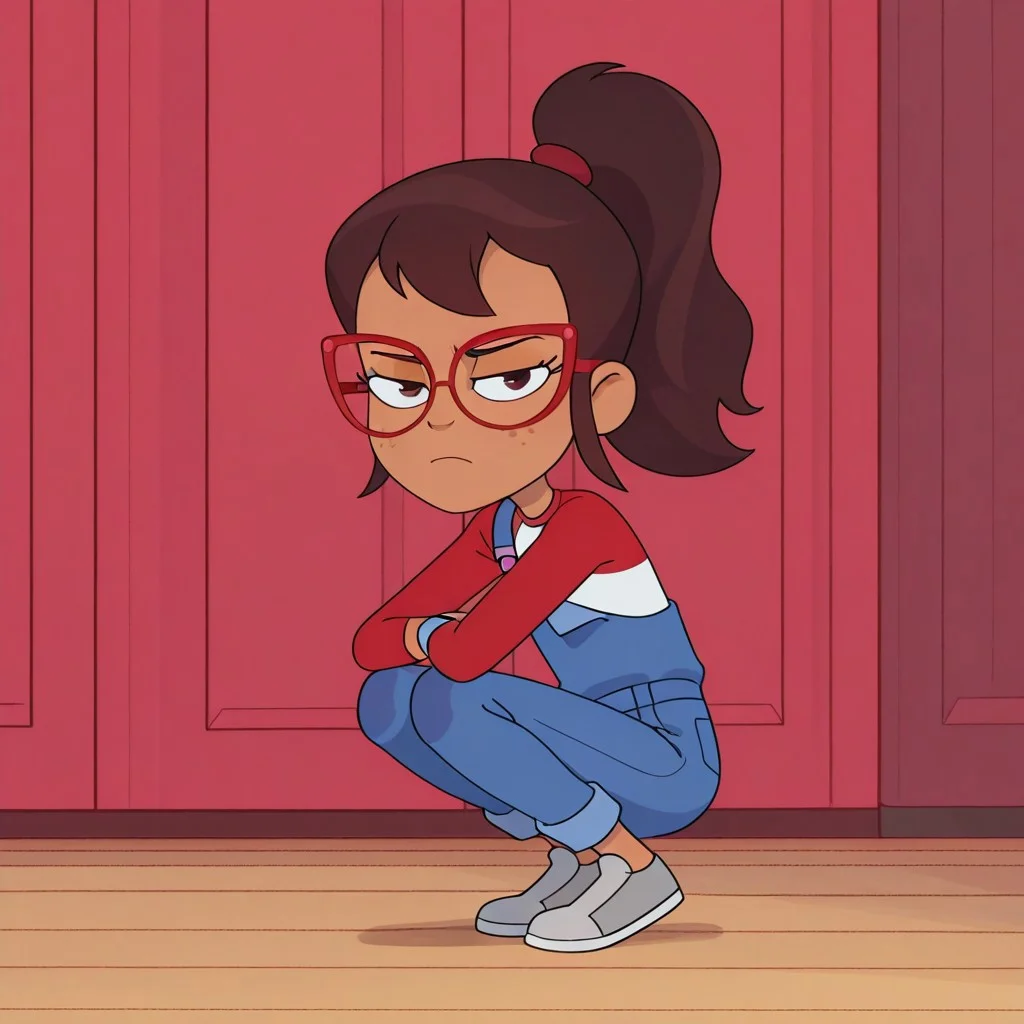 score_9, score_8_up, score_7_up, Hailey banks, 1girl, solo, young, slender, tan skin, freckles, brown hair, sidelocks, ponytail, red glasses,
Blue overalls, One shoulder strap, red and white shirt, long sleeves, gray shoes,
Squatting, looking at viewer, annoyed, full body