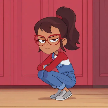 score_9, score_8_up, score_7_up, Hailey banks, 1girl, solo, young, slender, tan skin, freckles, brown hair, sidelocks, ponytail, red glasses,
Blue overalls, One shoulder strap, red and white shirt, long sleeves, gray shoes,
Squatting, looking at viewer, annoyed, full body