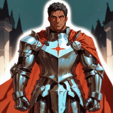<lora:Black_beast_æ°é«ãèå¥³ã¯ç½æ¿ã«æã¾ã:.8>, (Black beast, Black hair, brown eyes, dark skin, eyebrow cut, stubble,), male warrior wearing shining steel armor, intricate engravings on the breastplate, a flowing red cape fluttering behind, heavy gauntlets and boots, medieval knight aesthetic, proud and noble posture, sharp intense eyes, standing under dramatic lighting, heroic and majestic look
looking at the viewer, cowboy shot, 
(very short hair, beard, bara, mature, facial hair, stubble, beard, full beard, sideburn, beard, a lot of beard, ), facial hair,male focus, muscular male, muscular male, bara, mature,  bara, mature, aixiwuganda_(20222192), very awa, masterpiece, best quality, absurdres, newest, perfect quality, detailed background, intricate details,
<lora:slider_Body Type_alpha1.0_rank4_noxattn_last:3><lora:Anime Summer Days 2 Style SDXL_LoRA_Pony Diffusion V6 XL:.6><lora:slider_cfg_scale_boost:.7><lora:Artist6p:.55>, Artist6p, Artist04p,<lora:slider_il_brightness_slider_d1:-1><lora:slider_il_contrast_slider_d1:-1><lora:slider_DarkSlider1.2_alpha1.0_rank16_full_300steps:-.6>
