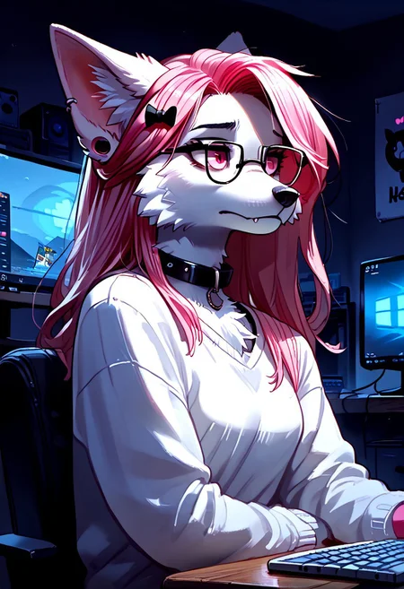 score_9, score_8_up, score_7_up, easynegative, realistic style, detailed face, solo, anthro, furry, Expressiveh, masterpiece, raw quality, best quality, extremely detailed, stunning beautiful, high definition, HD, cute, girl, BREAK Keiko, 1girl, solo, furry female, animal ears, tail, collar, multicolored hair, spikes, long hair, ear piercing, wolf ears, hair bow, glasses, body fur, white fur, pink fur, two tone fur, pink hair, pink eyes, wolf tail,
jaded, jaded expression, tired, half closed eyes, closed mouth, small black cloud sketched above her head, bags under eyes,
inside, indoors, bedroom, Desk, Chair, Keyboard, Mouse (PC), RGB, Gamer, Neon. Laptop, HDA_pet_play,
night time, in the dark, fca_style, Low-key lighting, light coming from the screen,
