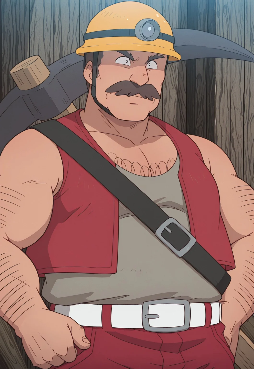 solo, masterpiece, modern, new, 1boy, male, masculine face, daddy looking face, w0lfc0nf
PokemonDozer, short hair, mustache, chest hair, arm hair, hardhat, pickaxe, red vest, shirt, red pants, white belt