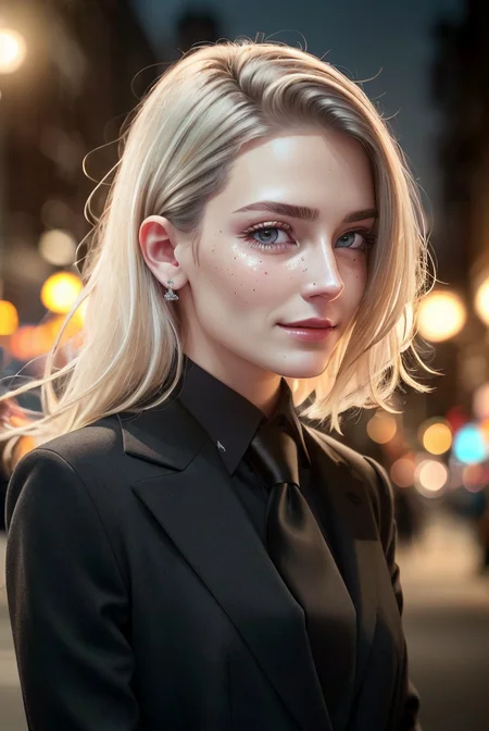 (cowboy shot:1.1), (masterpiece, best quality, high quality, highres, ultra-detailed), lamppost, night, crowd,
1girl, long hair, platinum blonde hair, green eyes, looking at viewer, light smile, allblacksuit,
AS-Adult, Asian-Less, SkinHairDetail, <lora:attire_allblacksuit:1>,