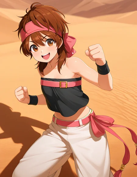 masterpiece, best_quality, amazing_quality, 1girl, solo,momokochar, short_hair, bandana,black_tube_top, belt, white pants, midriff_peek, , desert oasis marketplace, fighting_stance, happy,