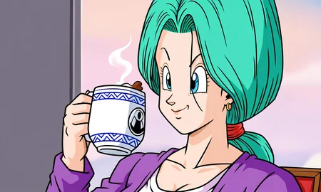 xyzbulma , milf , mature girl , drinking a hot coco cup , <lora:DBZBULMA:0.65>